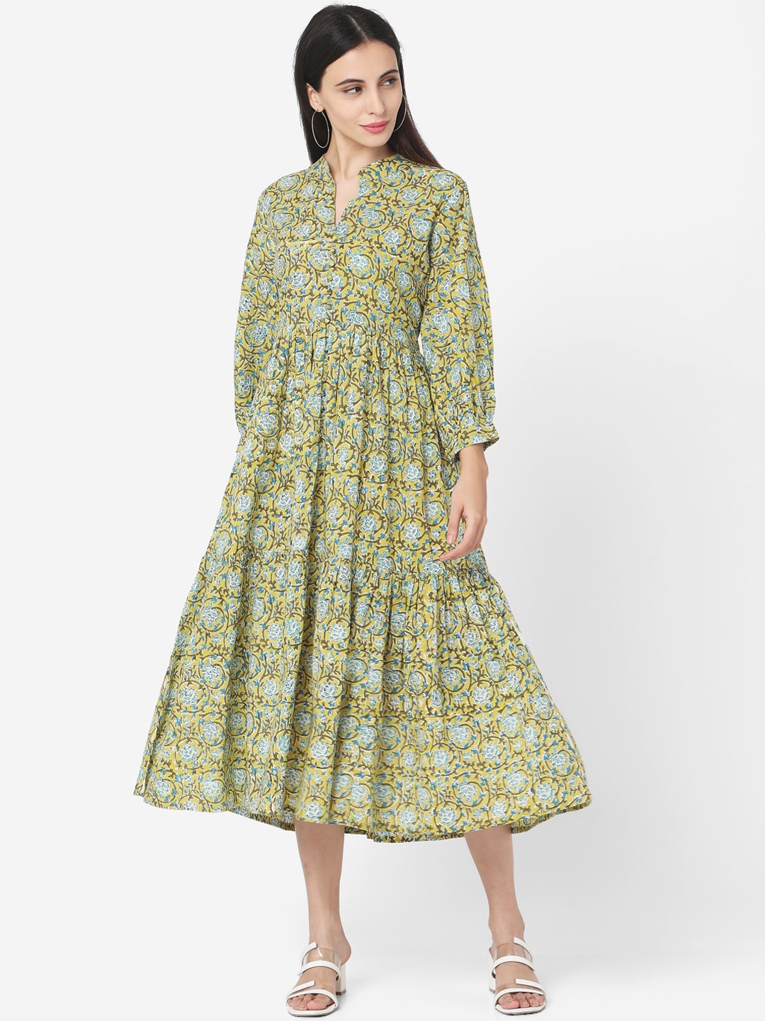 

KALINI Floral Printed Cotton A-Line Dress, Green