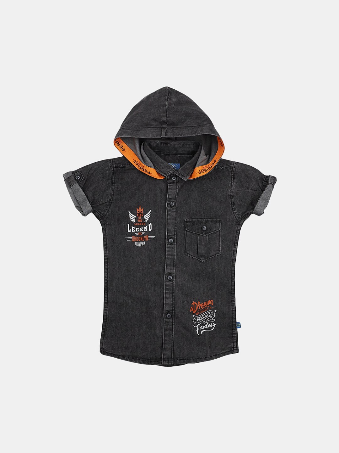 

V-Mart Boys Typography Printed Hooded Cotton Casual Shirt, Black