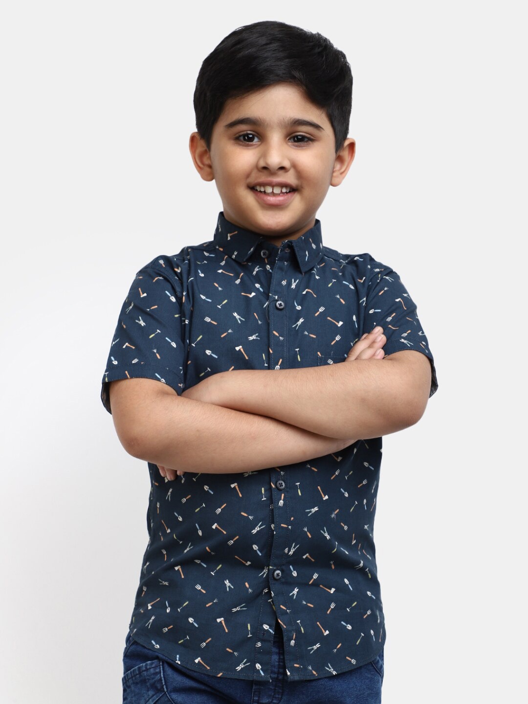 

V-Mart Kids Conversational Printed Cotton Casual Shirt, Navy blue