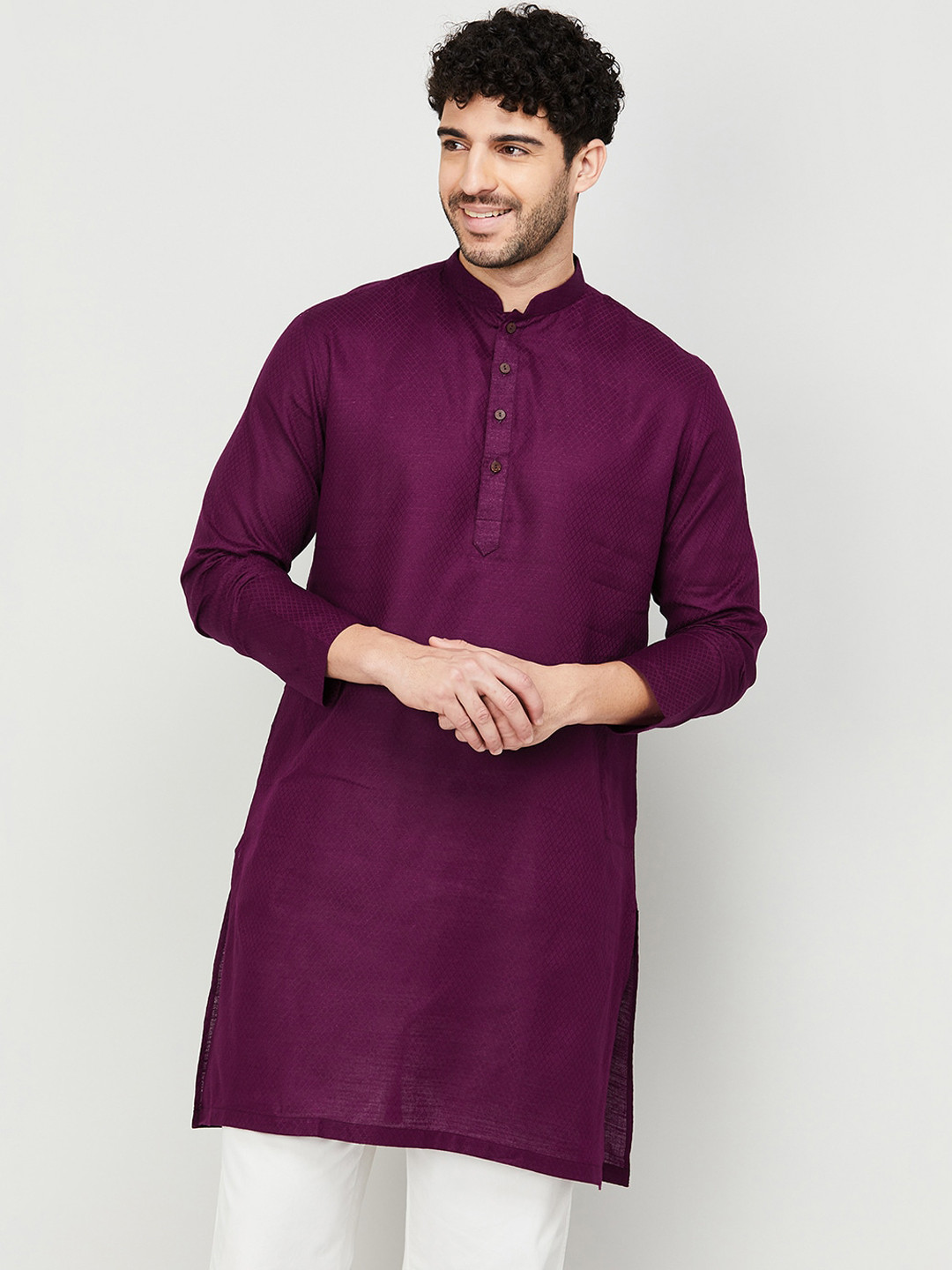 

Melange by Lifestyle Geomertic Woven Design Mandarin Collar Cotton Straight Kurta, Purple