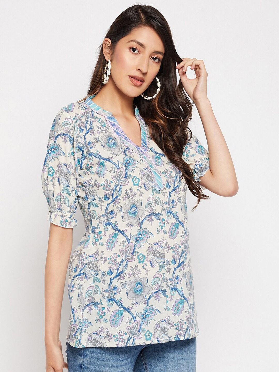 

WEAVLLITE Printed Pure Cotton Mandarin Collar Puff Sleeves Tunic, White