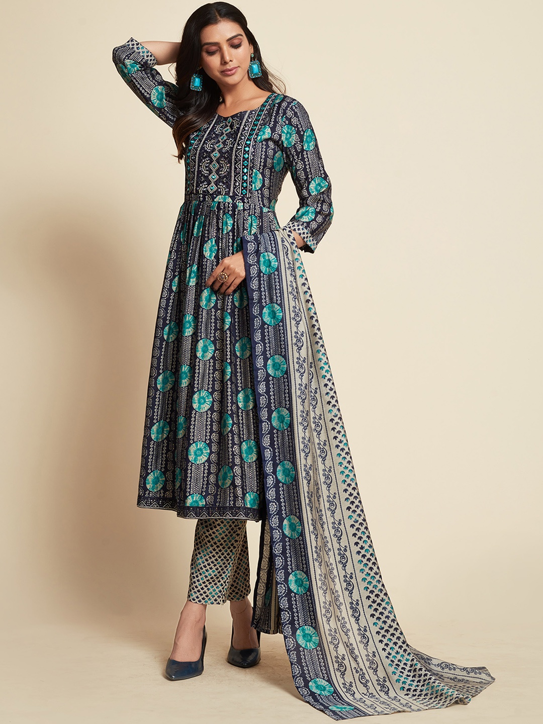 

Sangria Blue Ethnic Motifs Printed Mirror Work Empire Kurta with Trousers & Dupatta, Navy blue