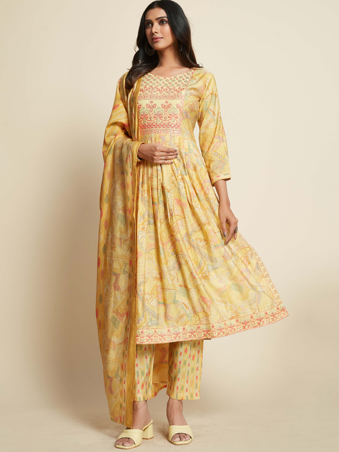 

Sangria Yellow Floral Printed Empire Kurti with Trousers & Dupatta