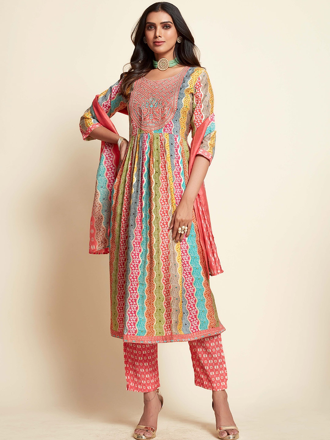 

Sangria Peach Bandhani Printed A-Line Kurta With Trousers & Dupatta