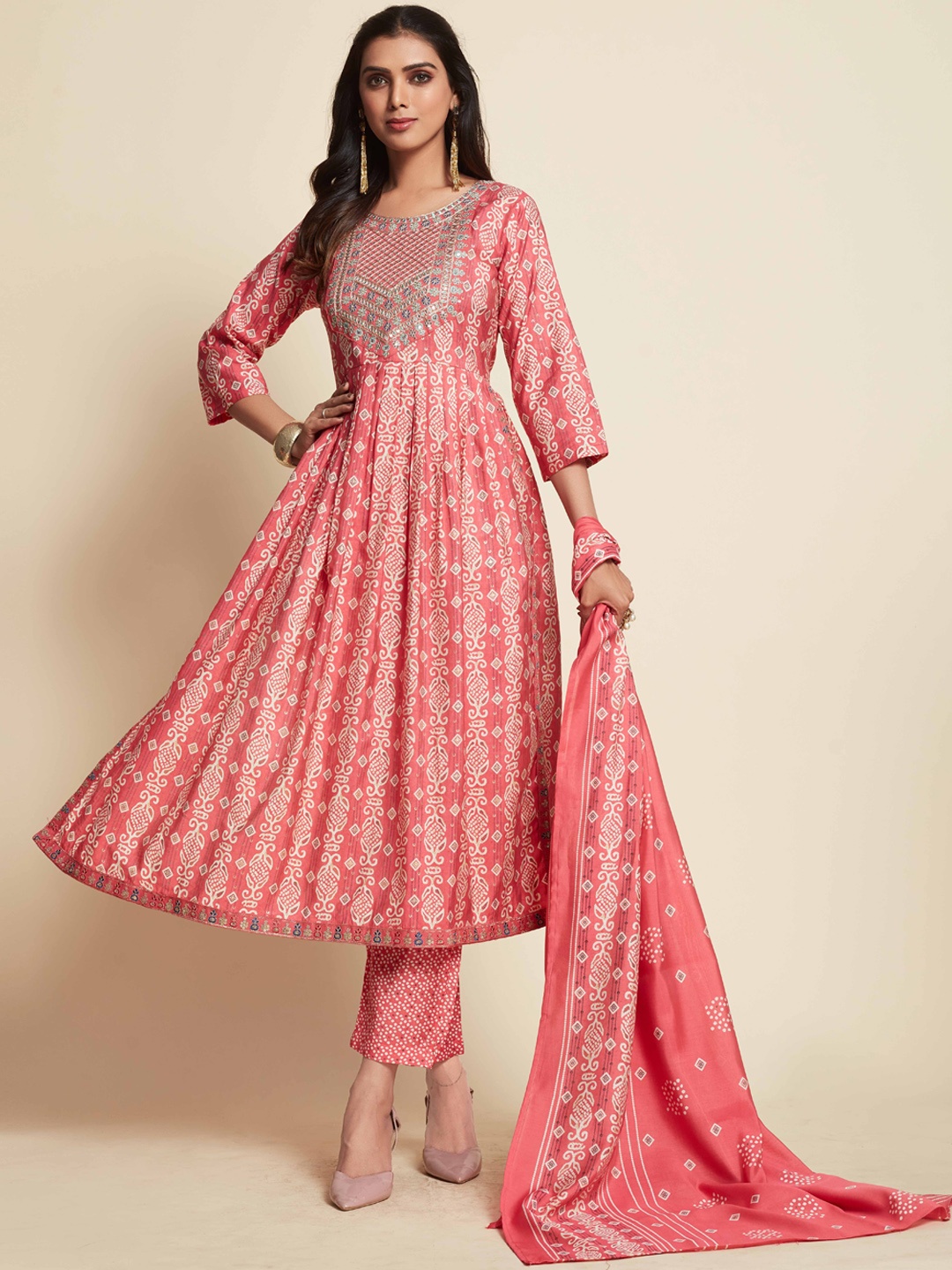 

Sangria Peach Ethnic Motifs Printed Thread Work A-Line Kurta with Trousers & Dupatta