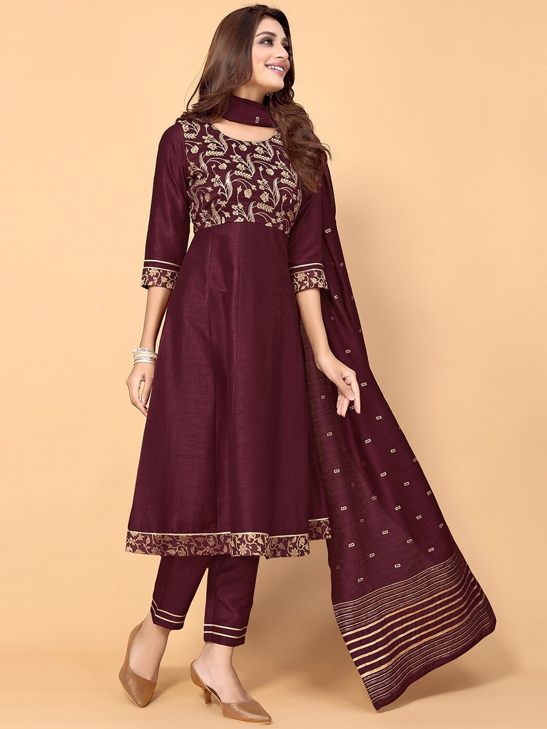 

SKYLEE Maroon Embroidered Regular Kurta with Trousers & Dupatta