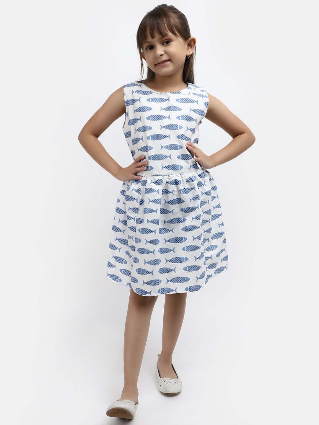 

V-Mart Girls Conversational Printed Cotton A-Line Dress, White