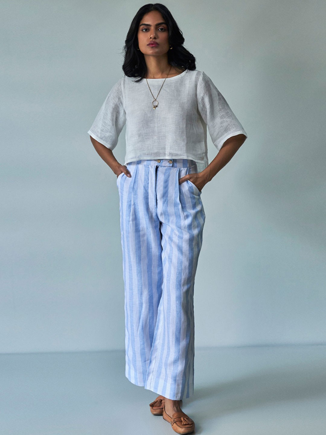 

Ganga Linen Top & Striped Trousers, White