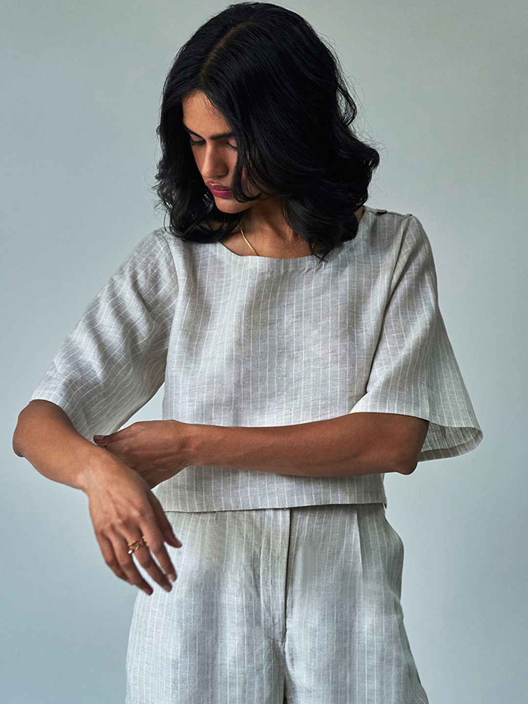 

Ganga Striped Linen Top With Trousers, Grey