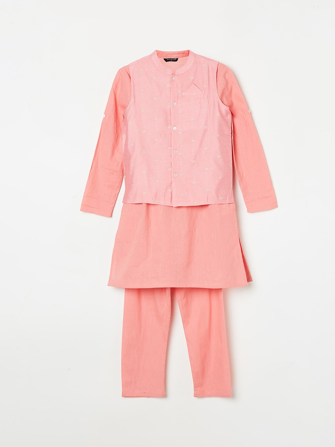 

Melange by Lifestyle Boys Self-Designed Pure Cotton Sherwani Set With Nehru Jacket, Coral