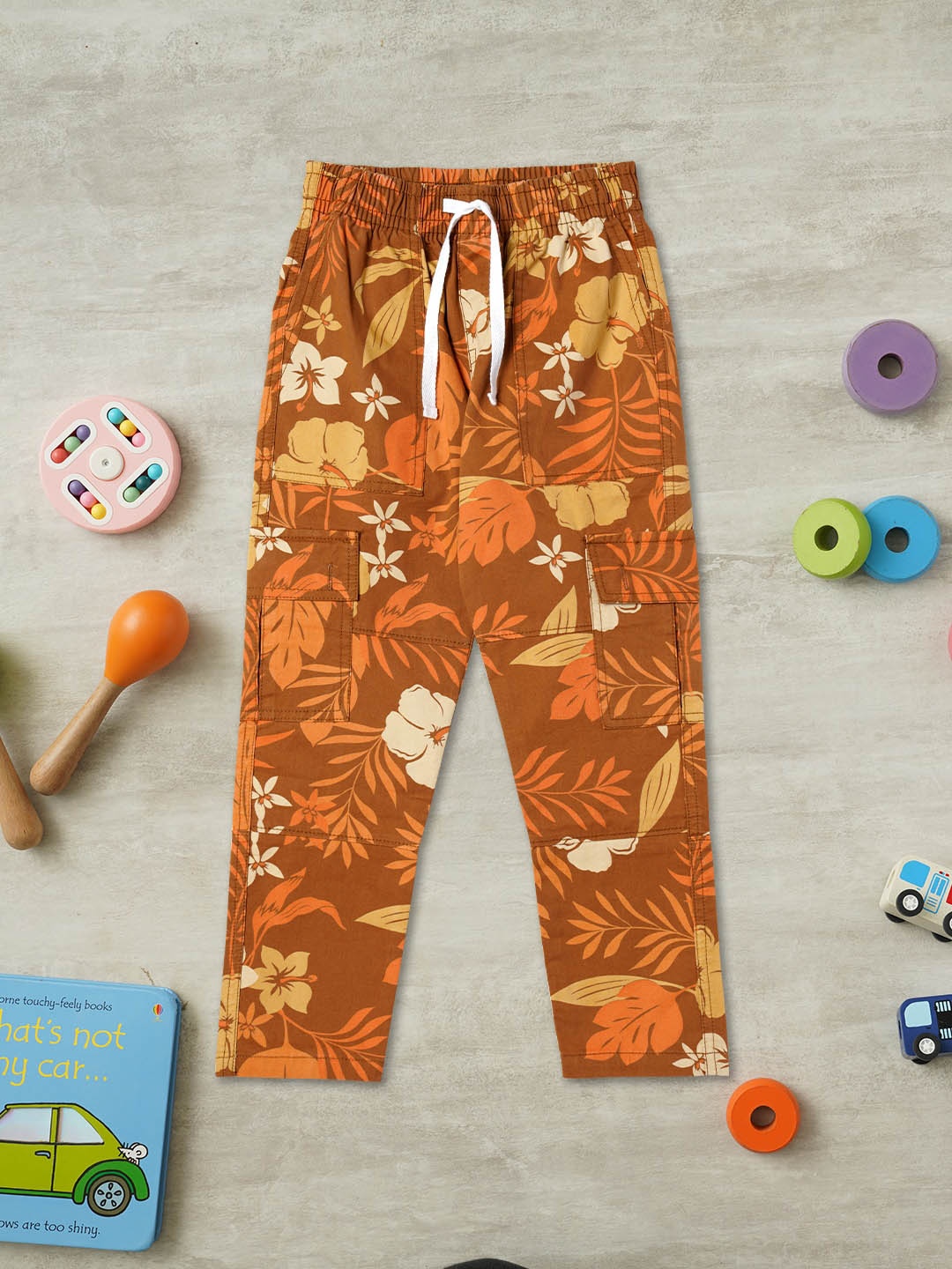 

ZION Boys Floral Printed Relaxed Cotton Cargos Trousers, Brown