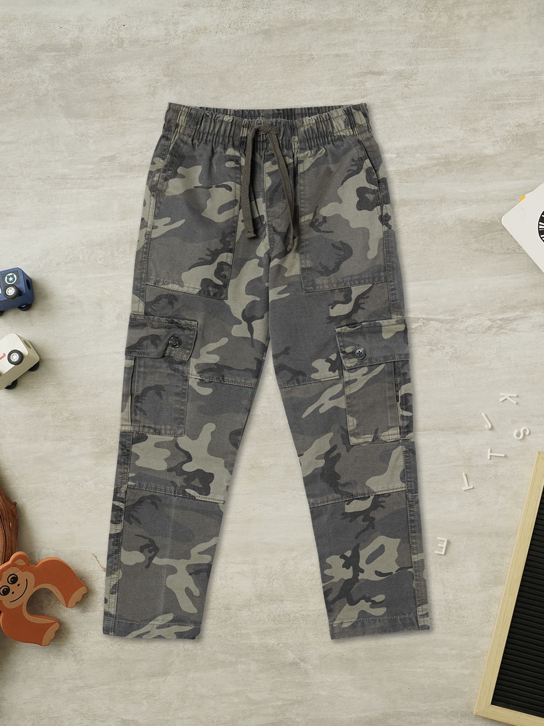 

ZION Boys Camouflage Printed Relaxed Cotton Cargos Trousers, Olive