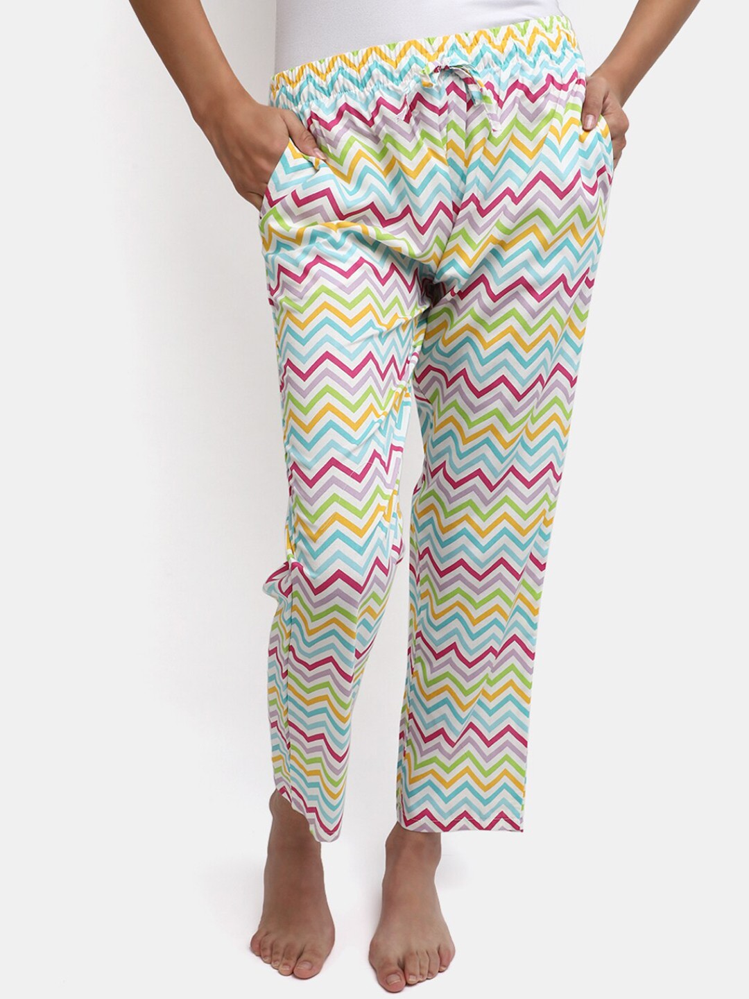 

V-Mart Women Chevron Printed Mid-Rise Regular Fit Straight Lounge Pants, White