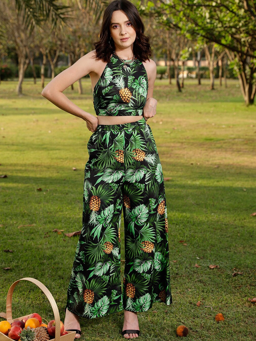 

STREET 9 Black & Green Printed Top & Plazzo