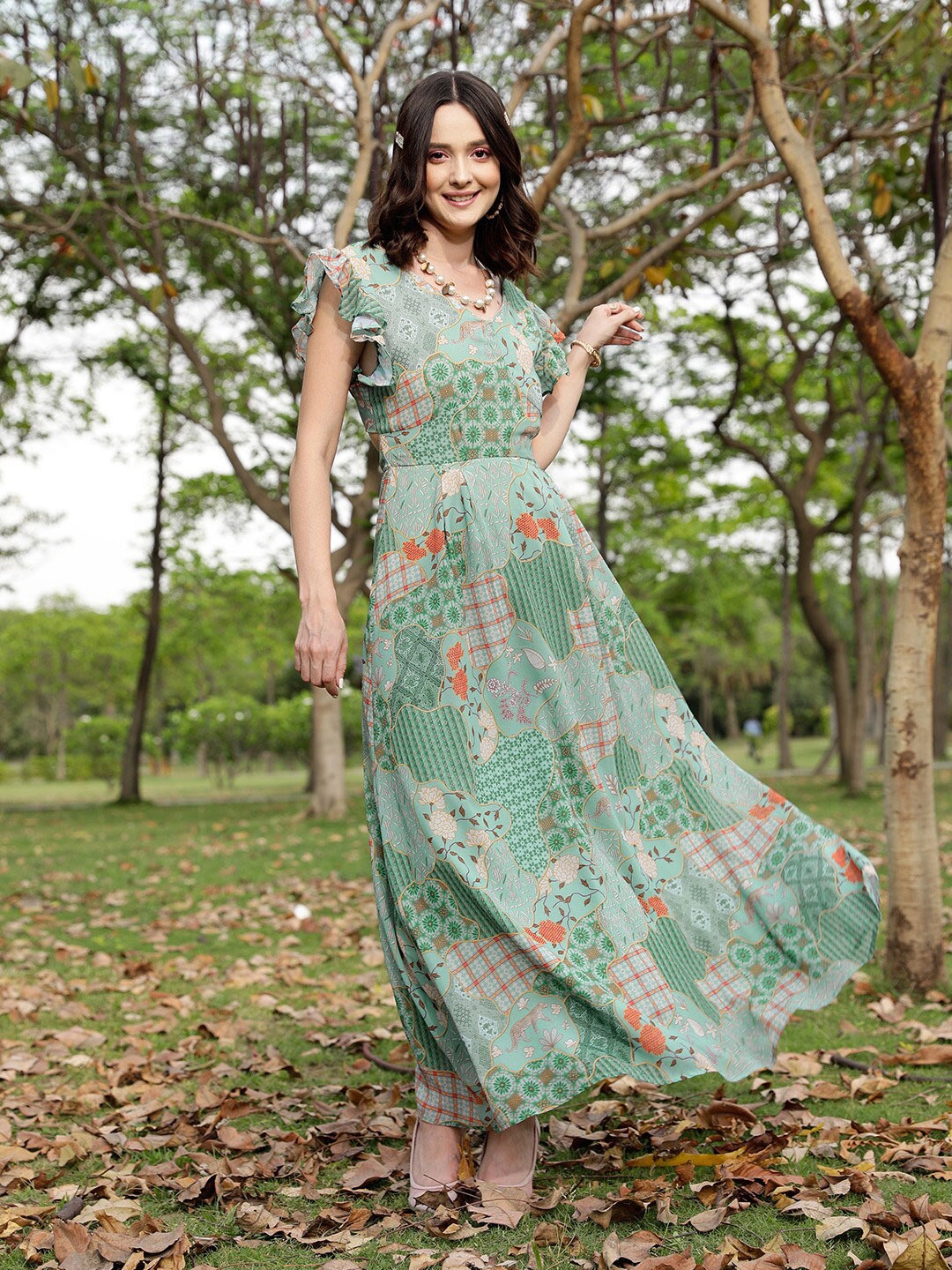 

STREET 9 Green Floral Print Flutter Sleeve Georgette A-Line Dress
