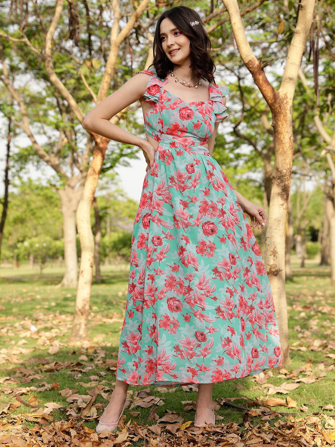 

STREET 9 Green & Pink Floral Print Georgette Fit & Flare Dress