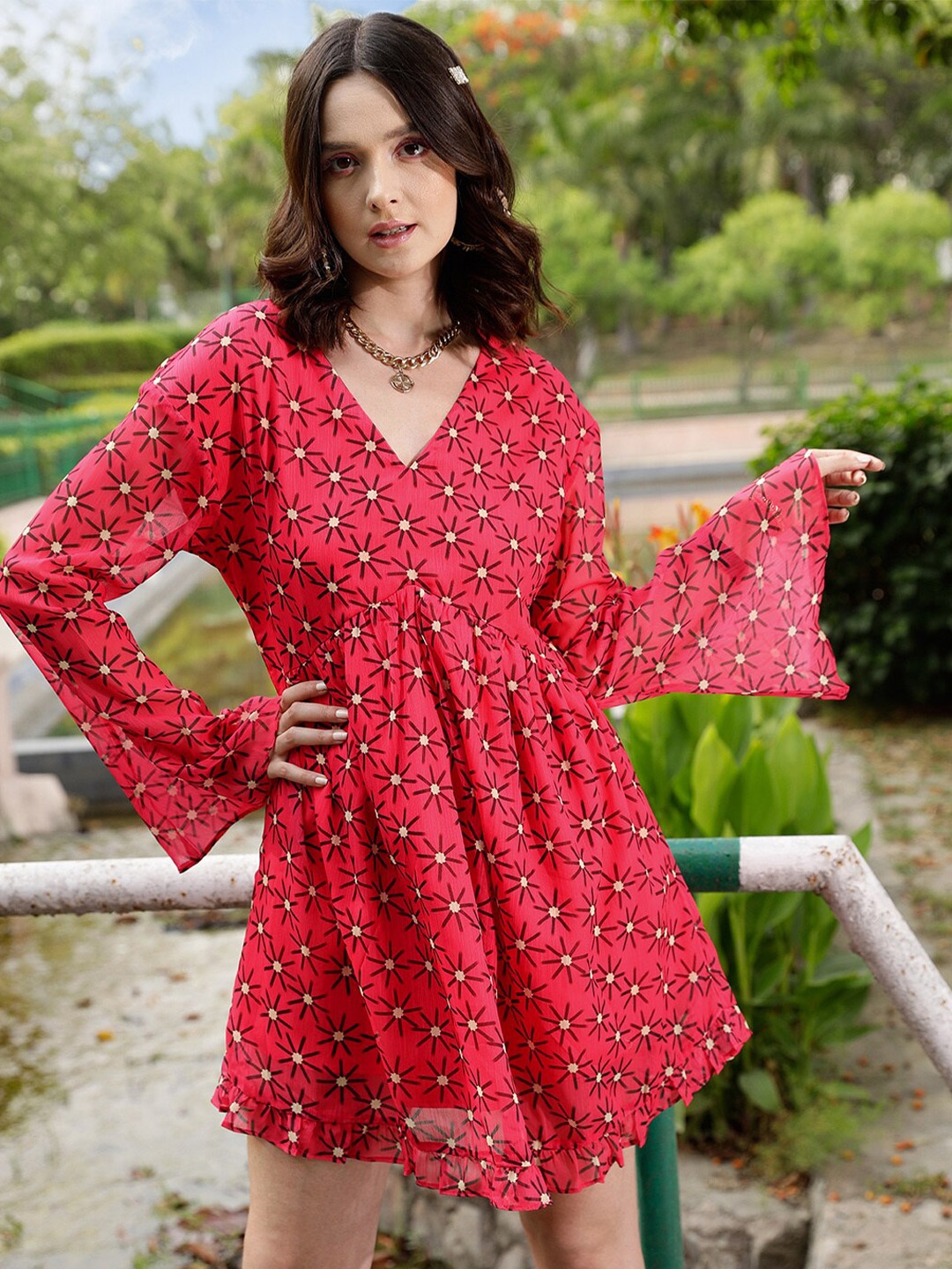 

STREET 9 Fuchsia Floral Print Bell Sleeves Fit & Flare Mini Dress