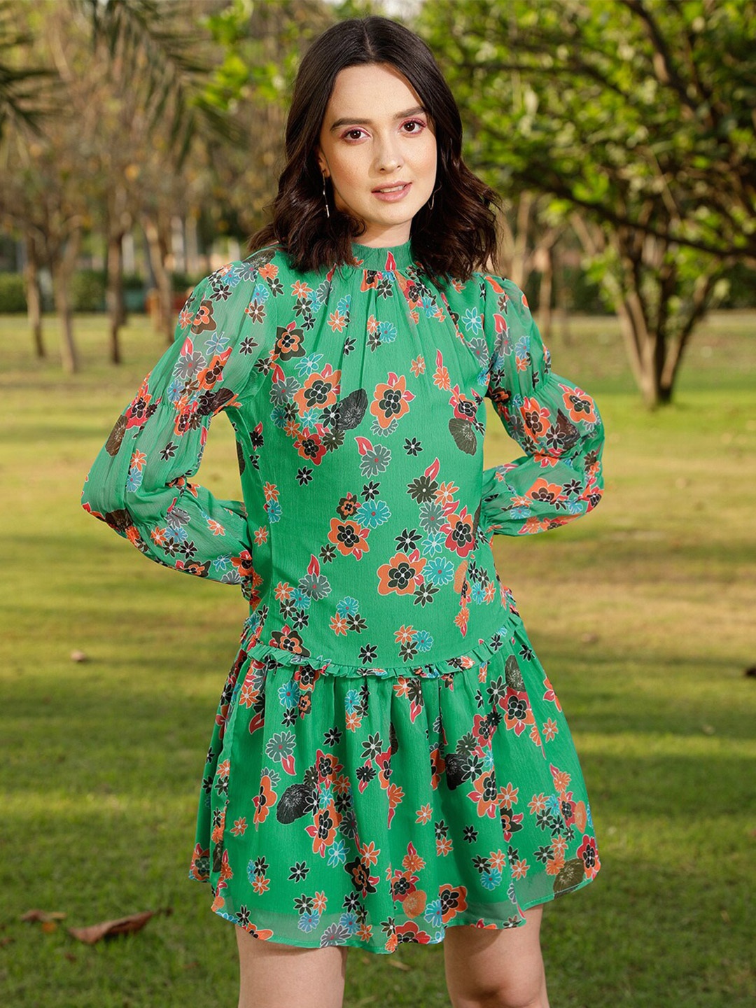 STREET 9 Green & Orange Coloured Floral Printed & Gathered Drop Waist Dress