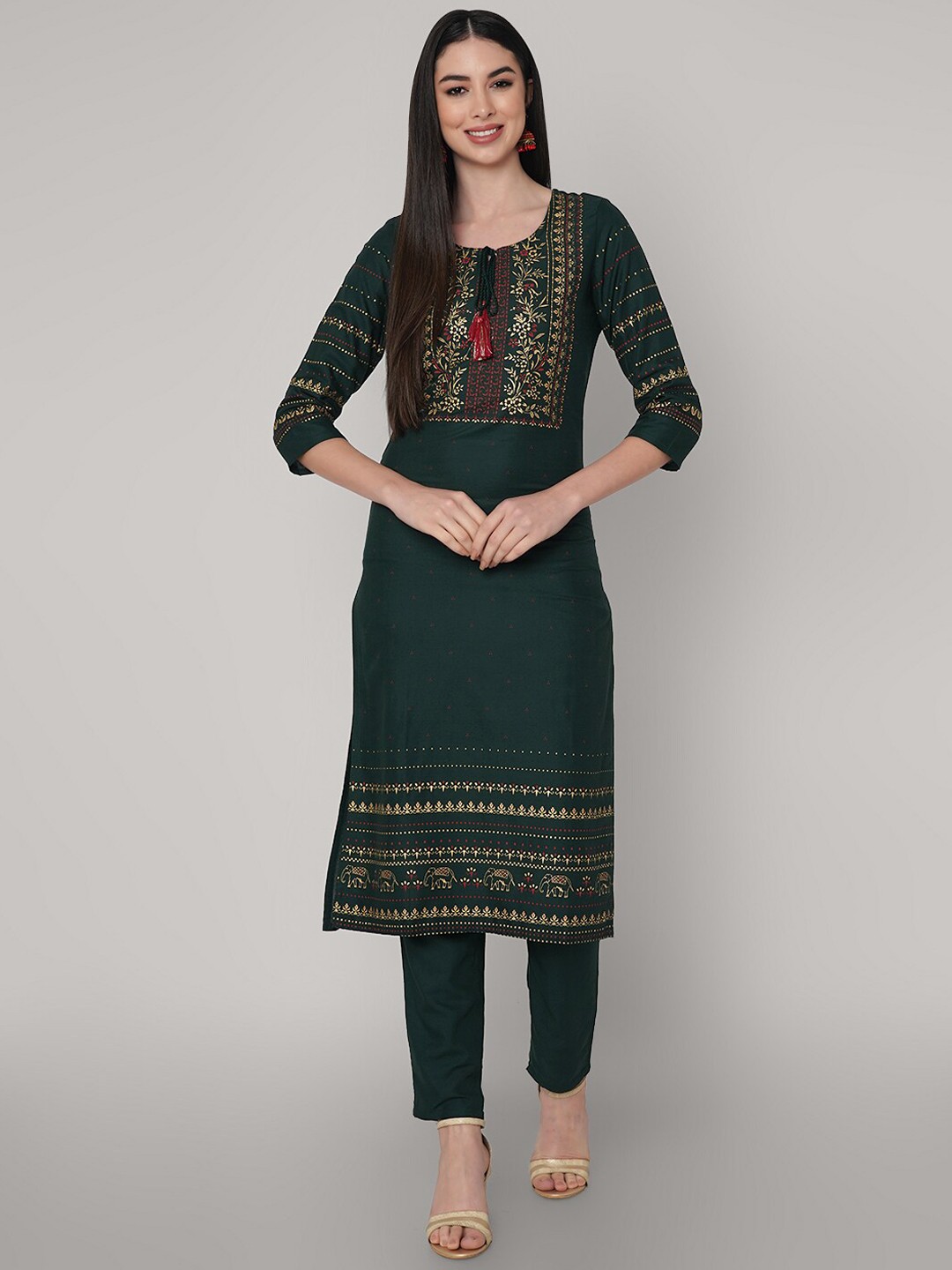 

KALINI Ethnic Motifs Printed Kurta with Trousers, Green