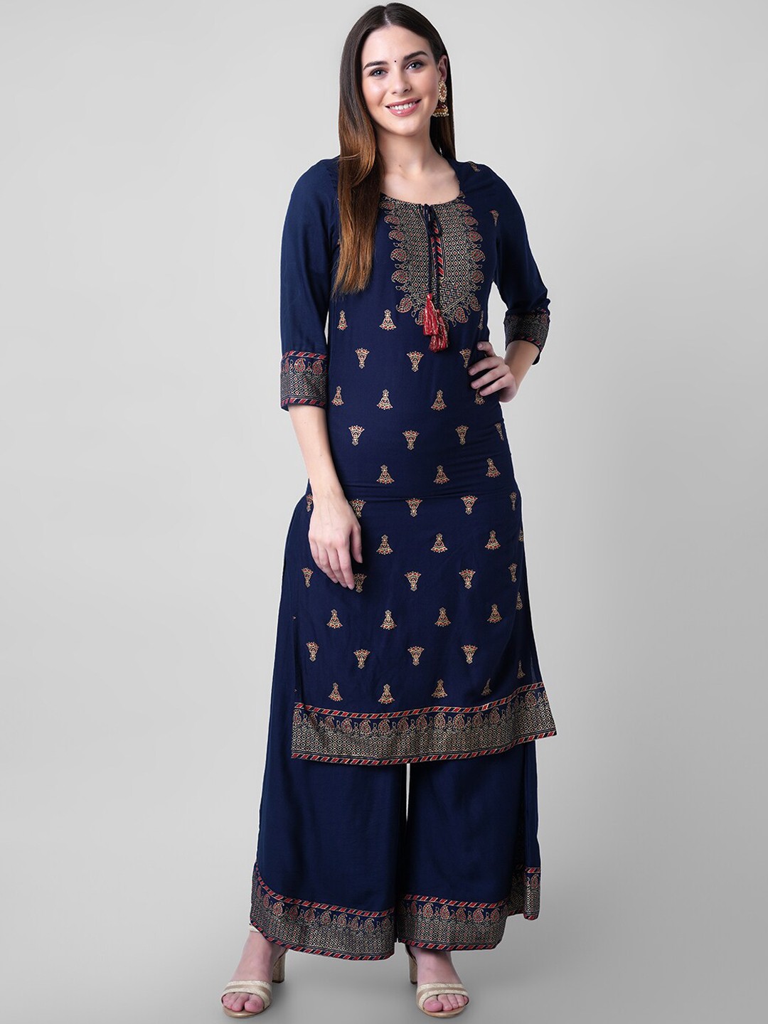 

KALINI Ethnic Motifs Printed Regular Kurta with Palazzos, Navy blue