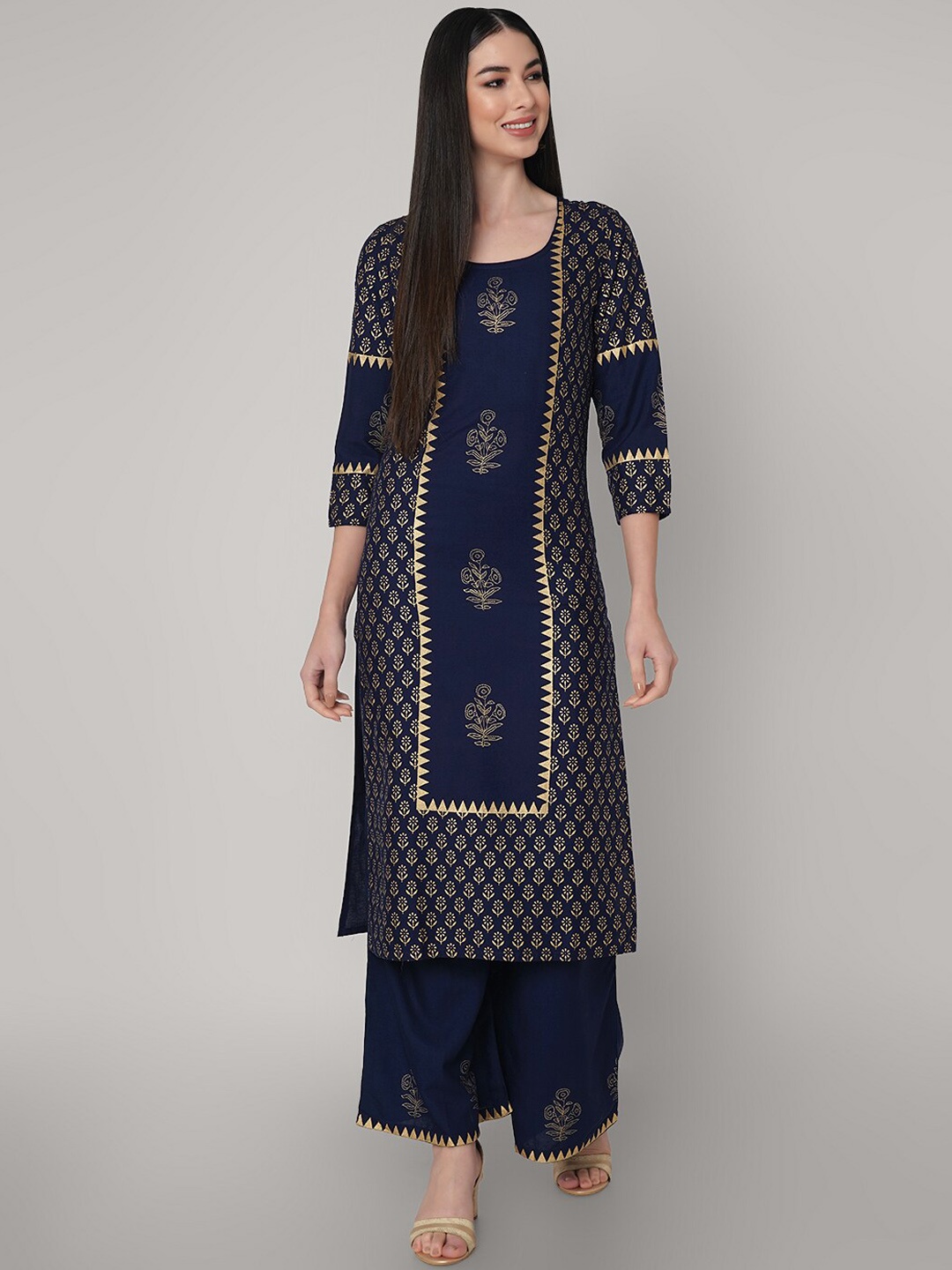 

KALINI Ethnic Motifs Printed Kurta with Palazzos, Navy blue