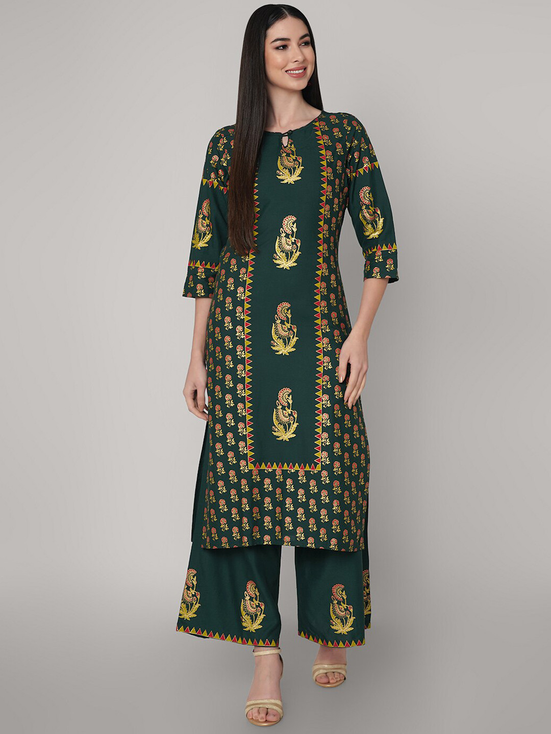 

KALINI Ethnic Motifs Printed Kurta with Palazzos, Green