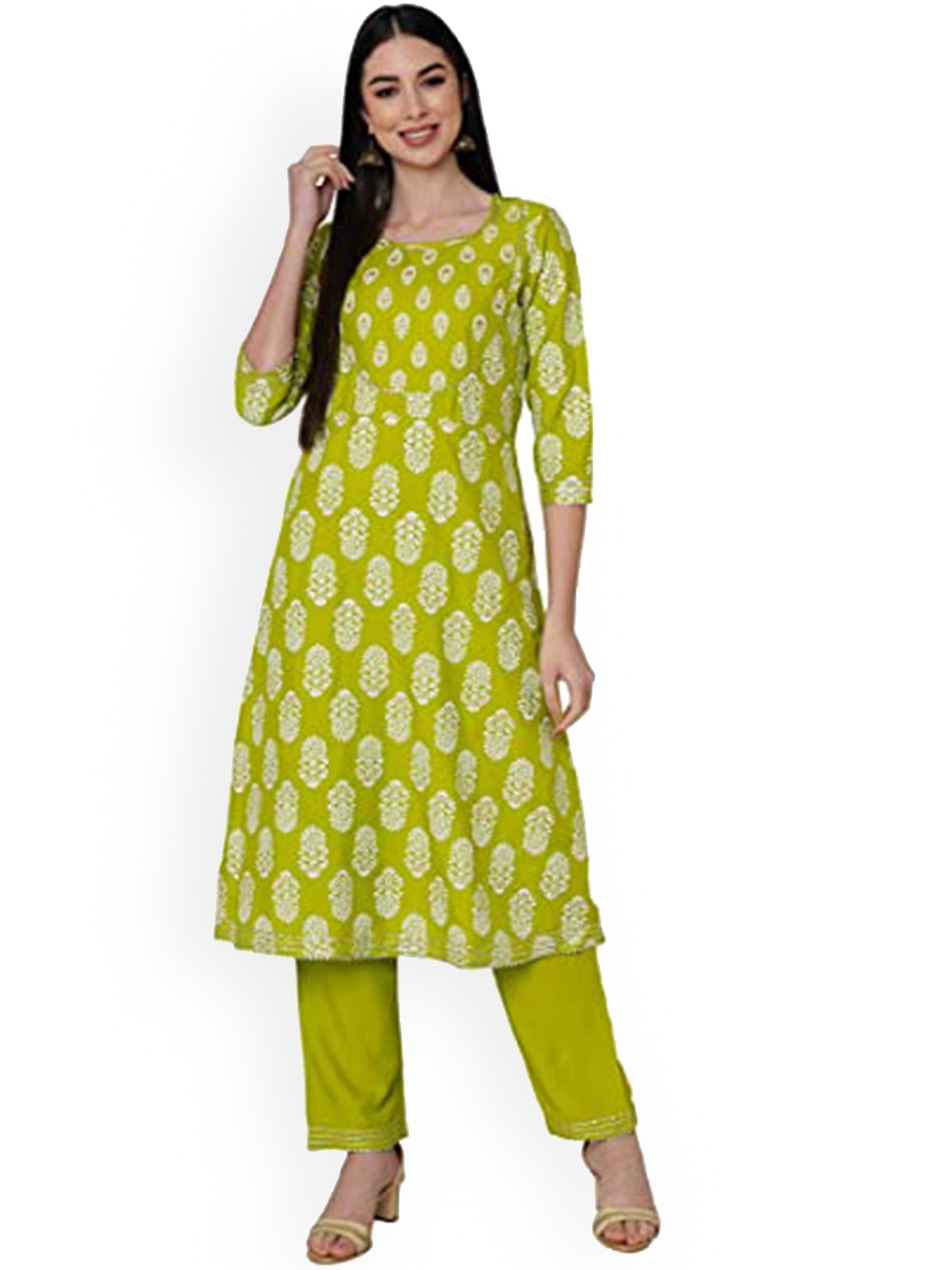 

KALINI Ethnic Motifs Printed Gotta Patti Kurta with Trousers, Lime green