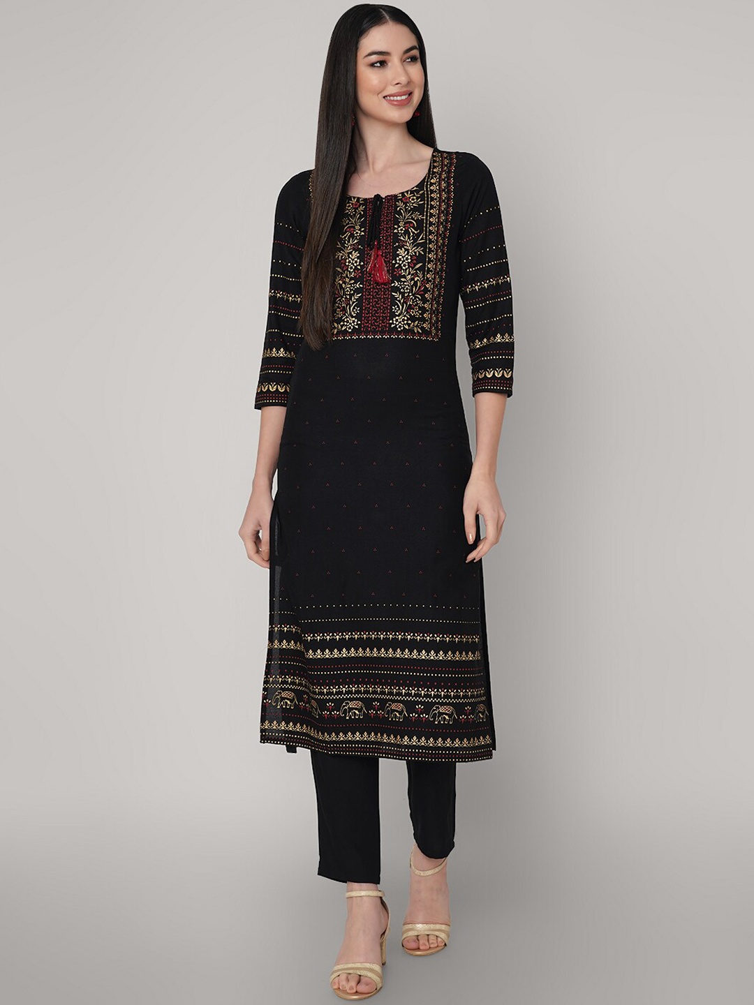 

KALINI Ethnic Motifs Printed Regular Straight Kurta With Trousers, Black