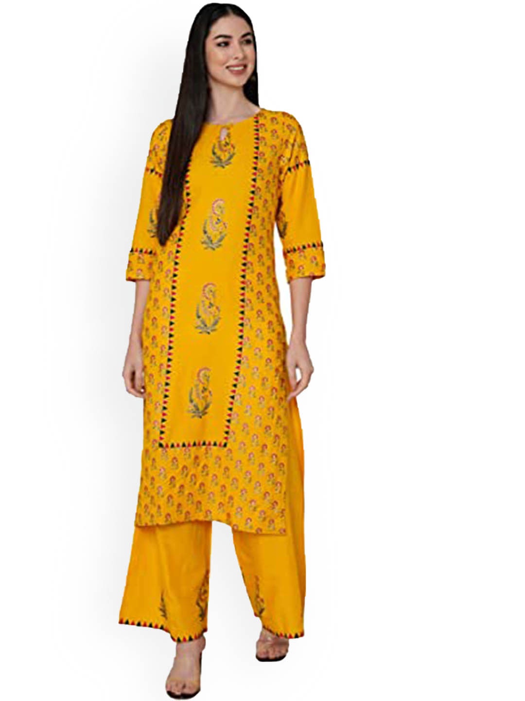

KALINI Ethnic Motifs Printed Regular Straight Kurta With Palazzos, Yellow
