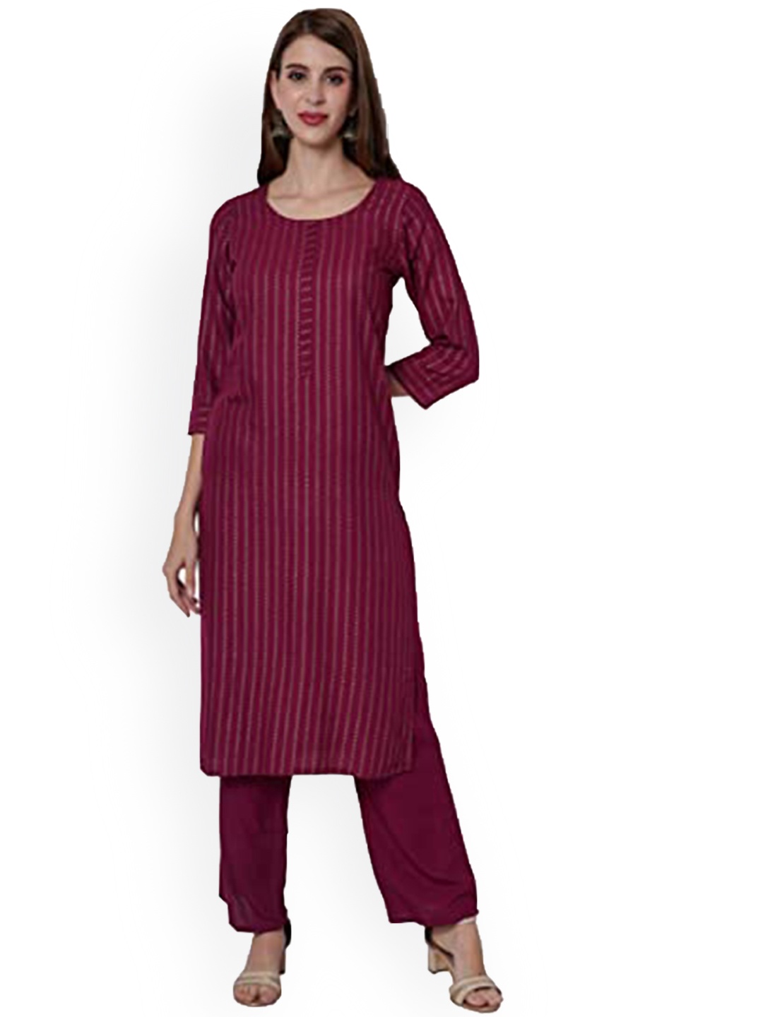 

KALINI Striped Regular Straight Kurta With Palazzos, Burgundy