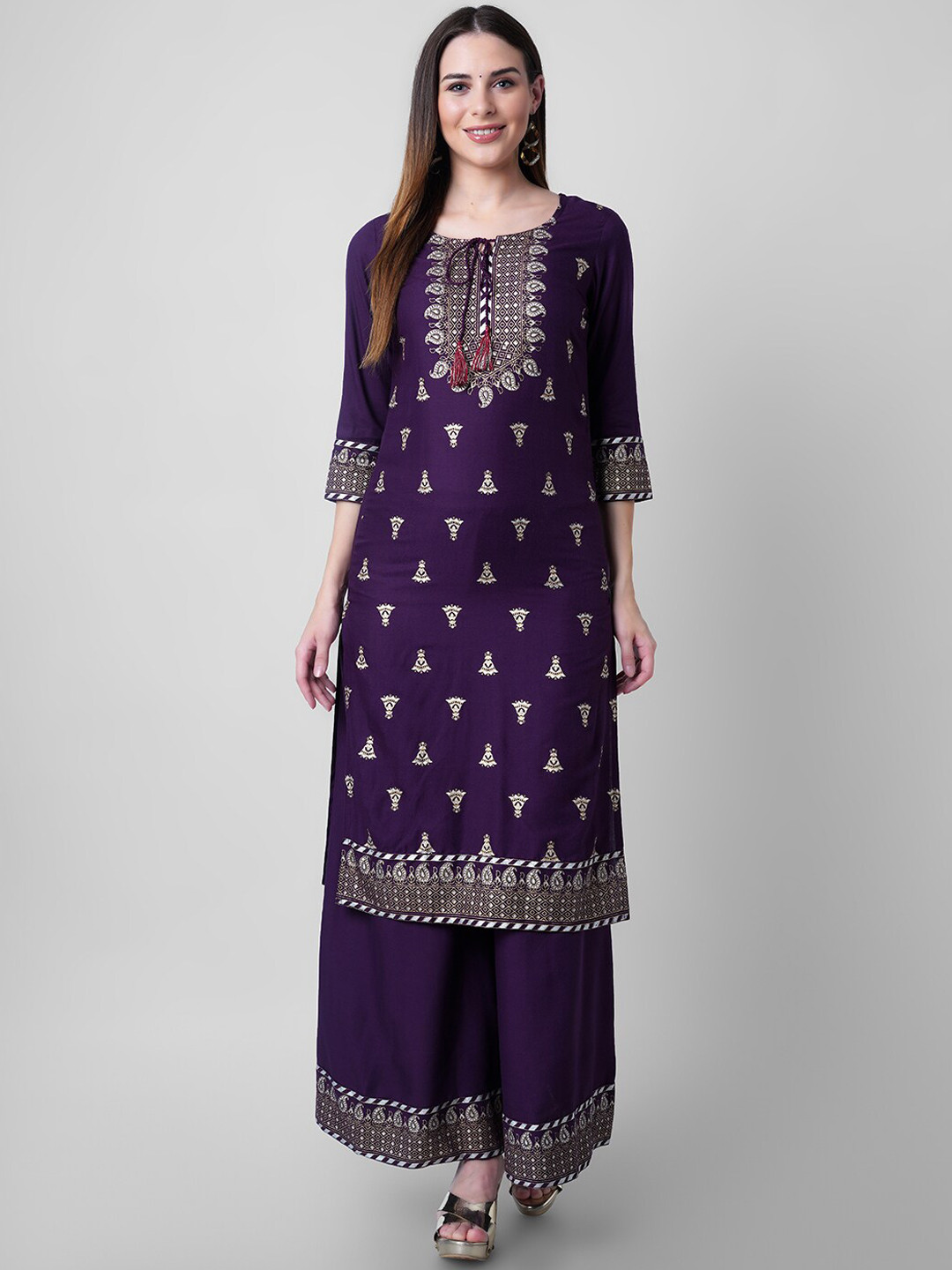 

KALINI Women Purple Ethnic Motifs Printed Regular Straight Kurta With Palazzos