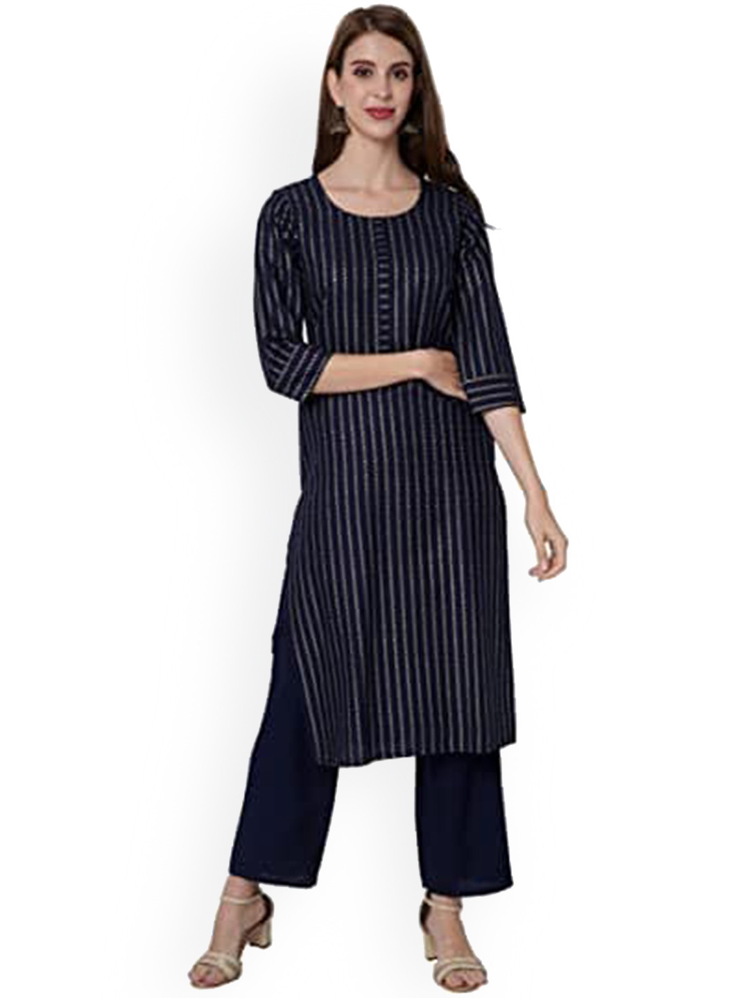 

KALINI Striped Regular Striped Kurta With Palazzos, Navy blue