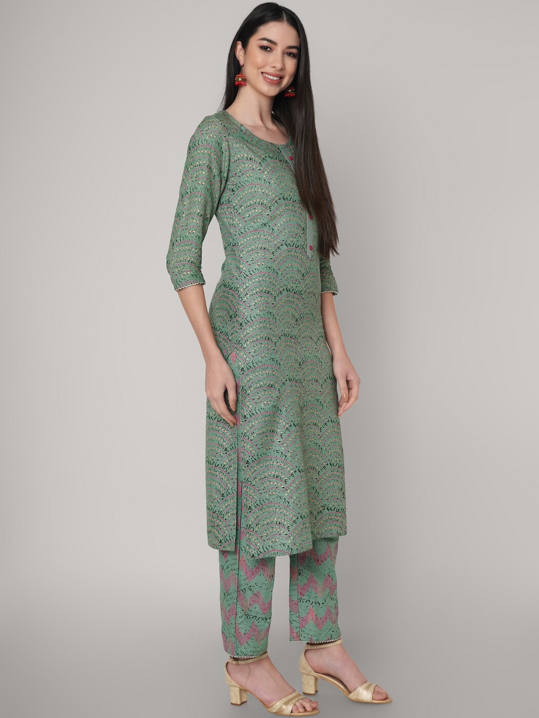 

KALINI Ethnic Motifs Printed Regular Straight Kurta With Palazzos, Green