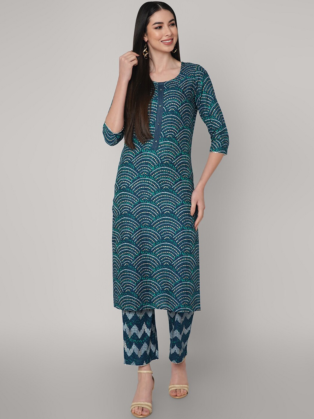 

KALINI Ethnic Motifs Printed Regular Straight Kurta With Palazzos, Blue