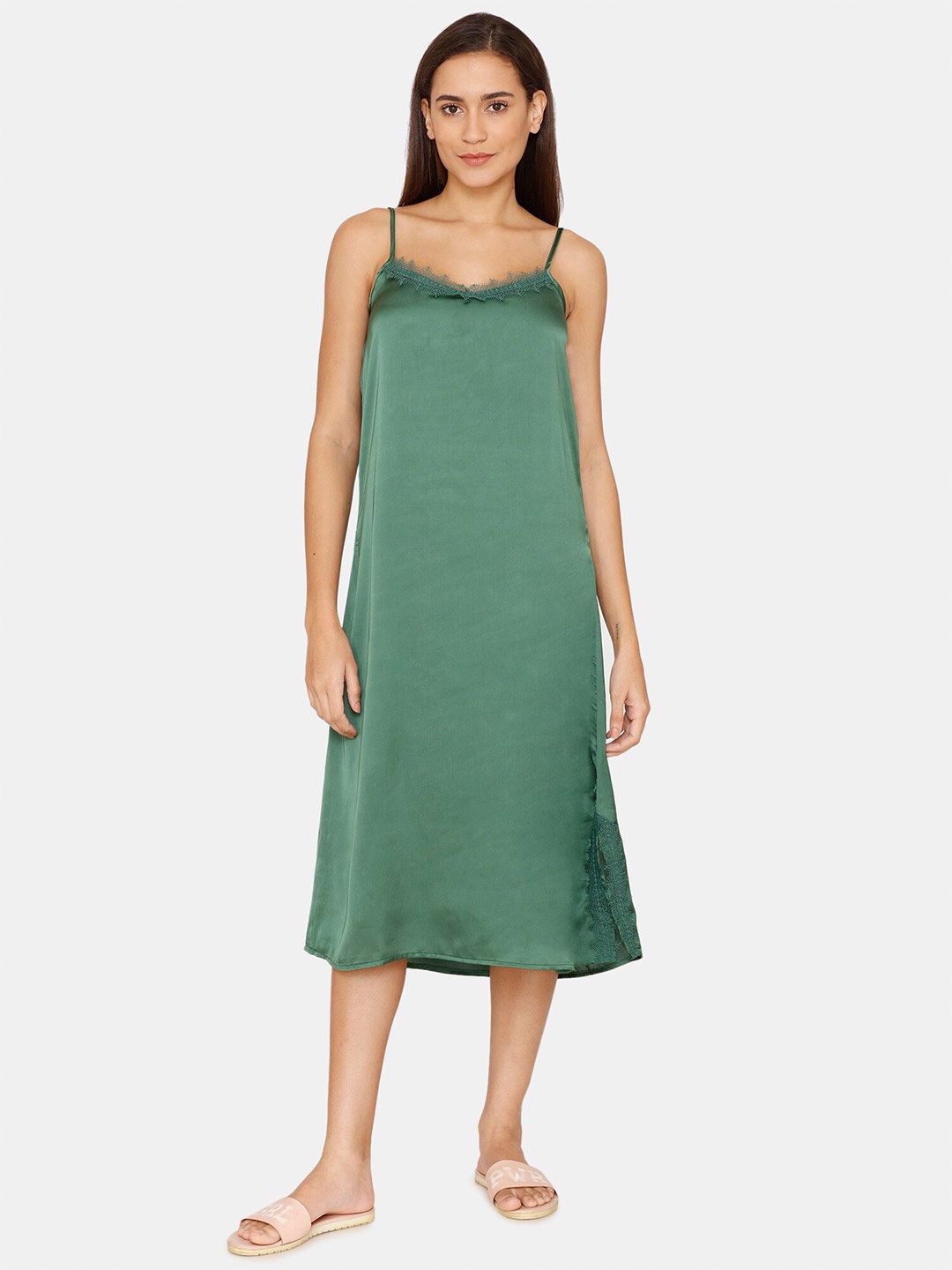 

Zivame Lace-Up Detail Satin Nightdress, Green