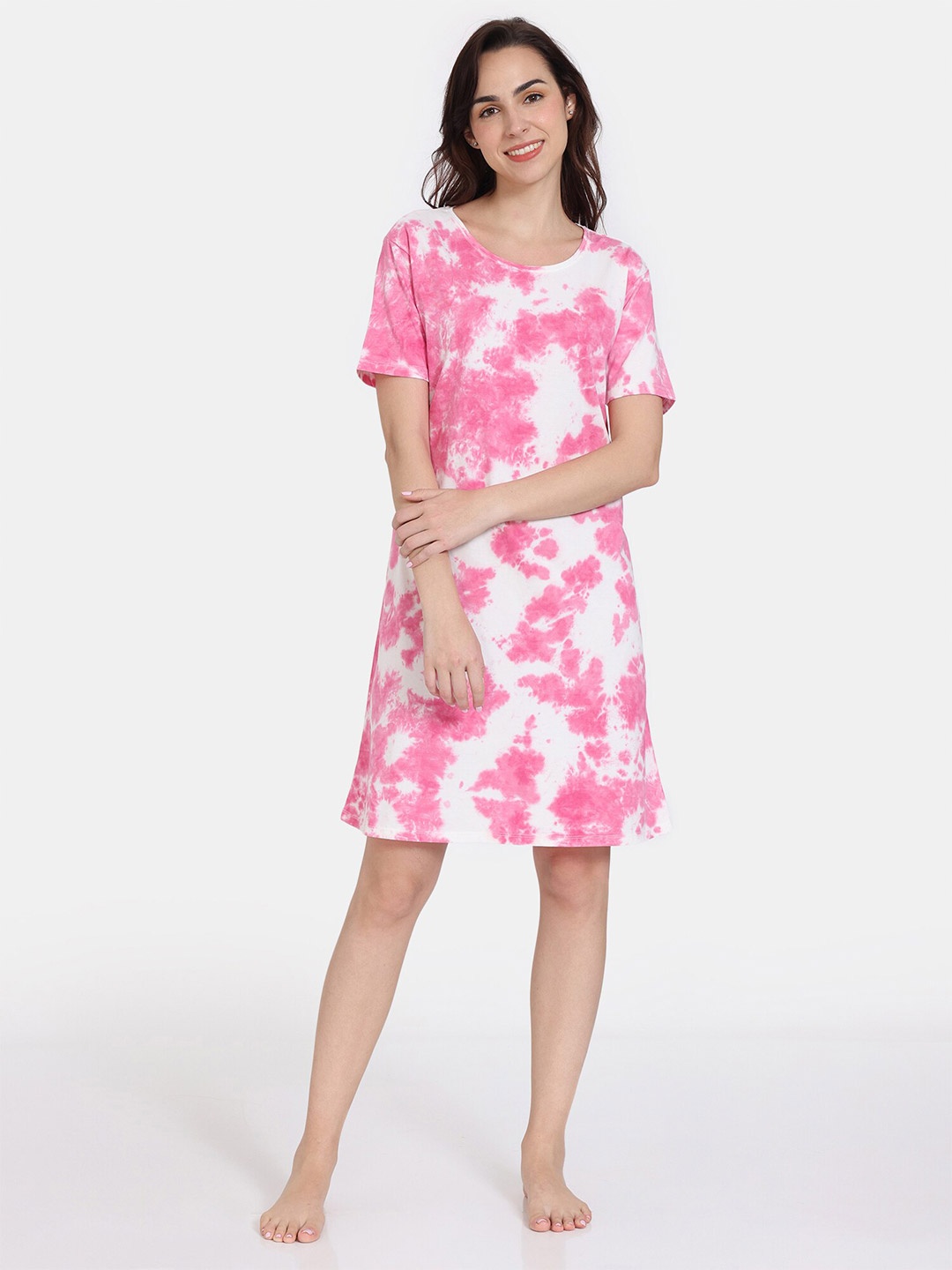

Zivame Tie And Dye Printed Pure Cotton Nightdress, White