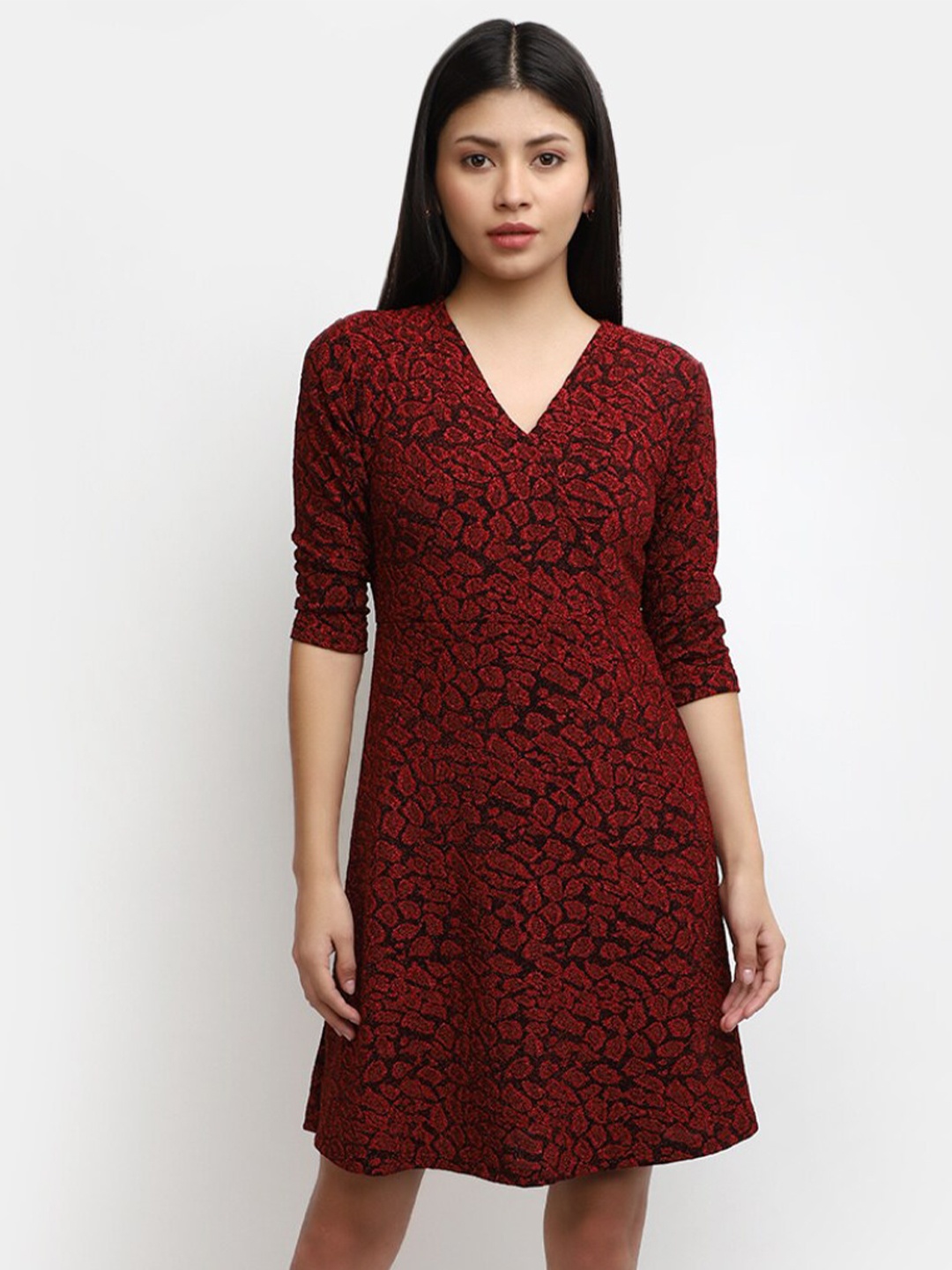 

V-Mart Self Design V-Neck Cotton Wrap Dress, Red