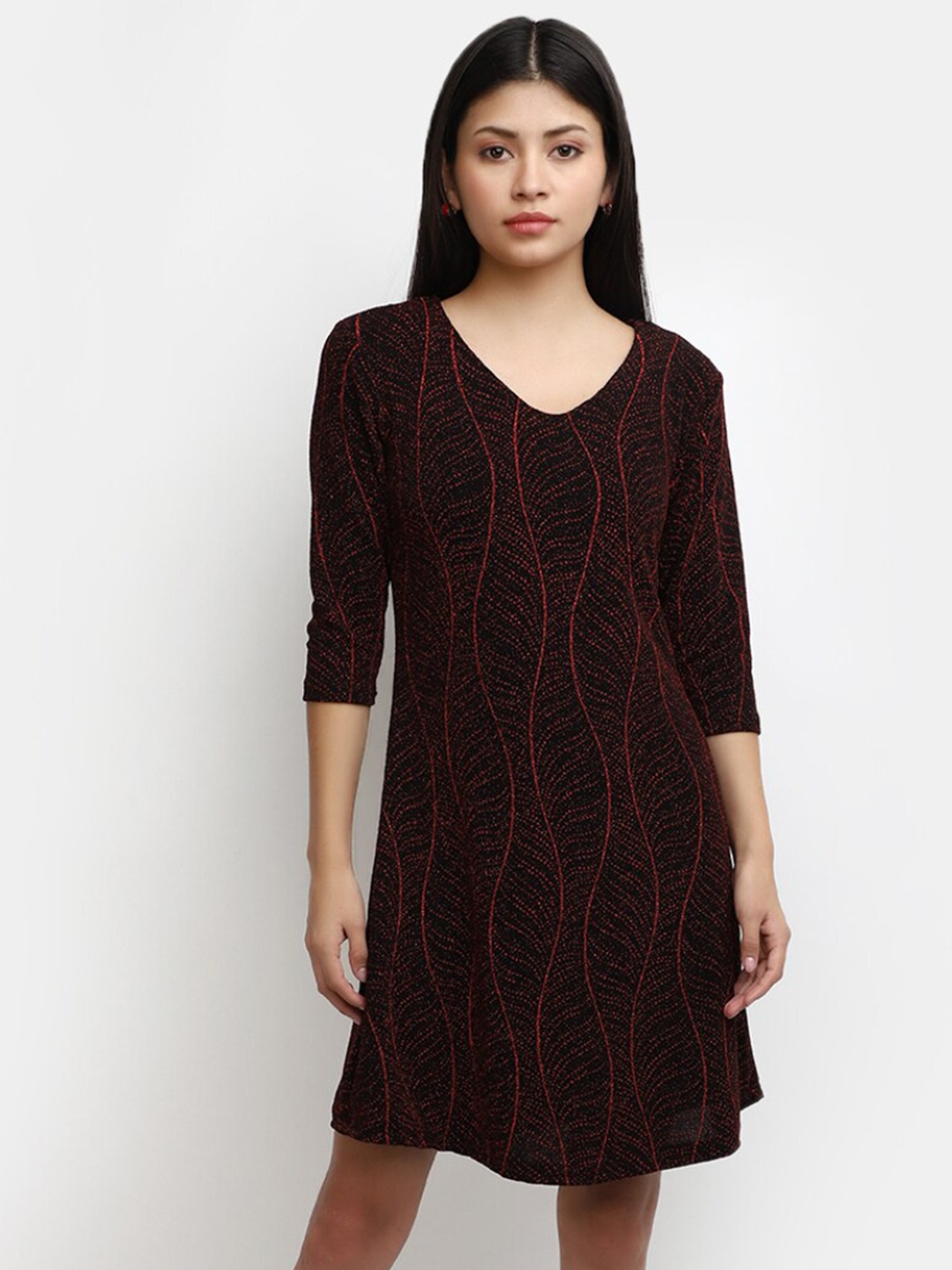 

V-Mart Self Design V-Neck Cotton Sheath Midi Dress, Maroon