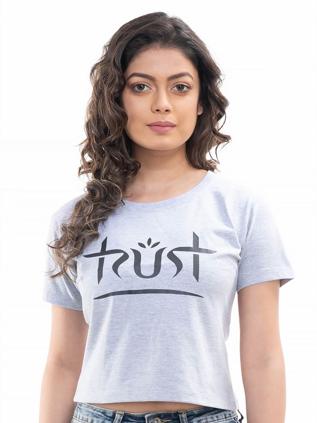

StyleAOne Typography Printed Pure Cotton Crop Top, Grey