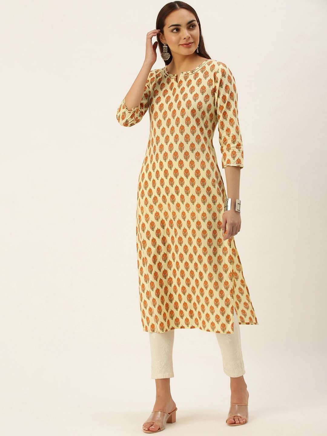 KALINI Floral Printed Gotta Patti Knitted Cotton Kurta, Yellow