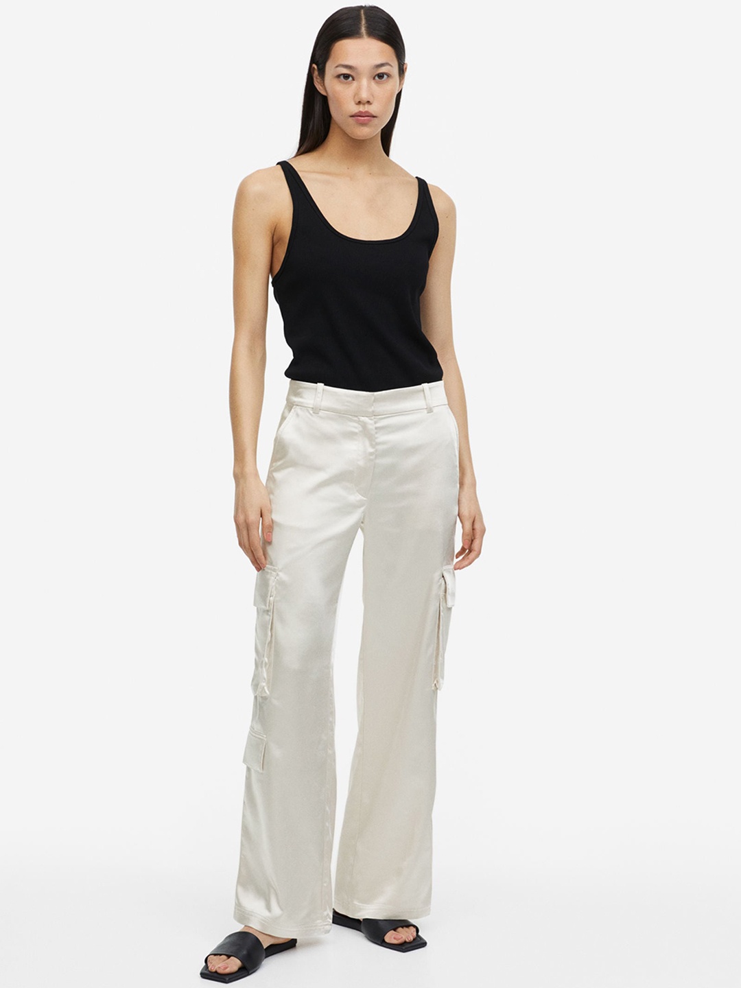 

H&M Women Satin Cargo Trousers, White