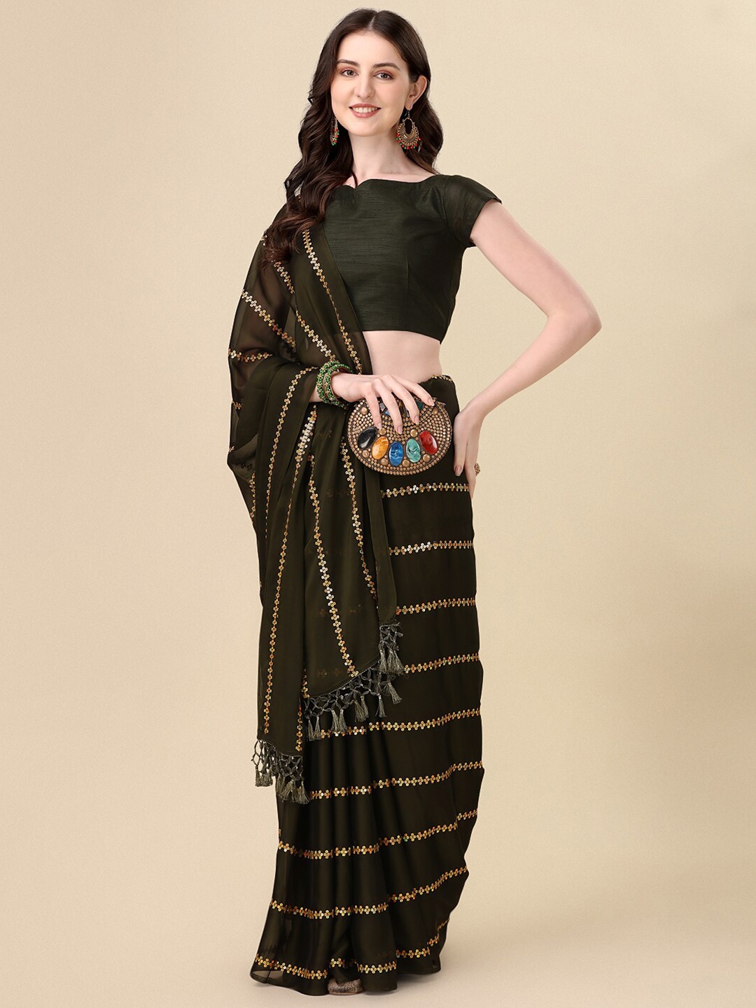 

KALINI Sequin Striped Saree, Olive