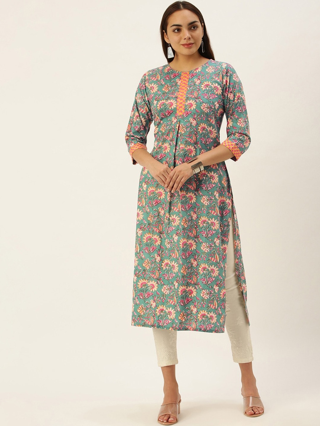

KALINI Floral Printed Cotton Straight Kurta, Green