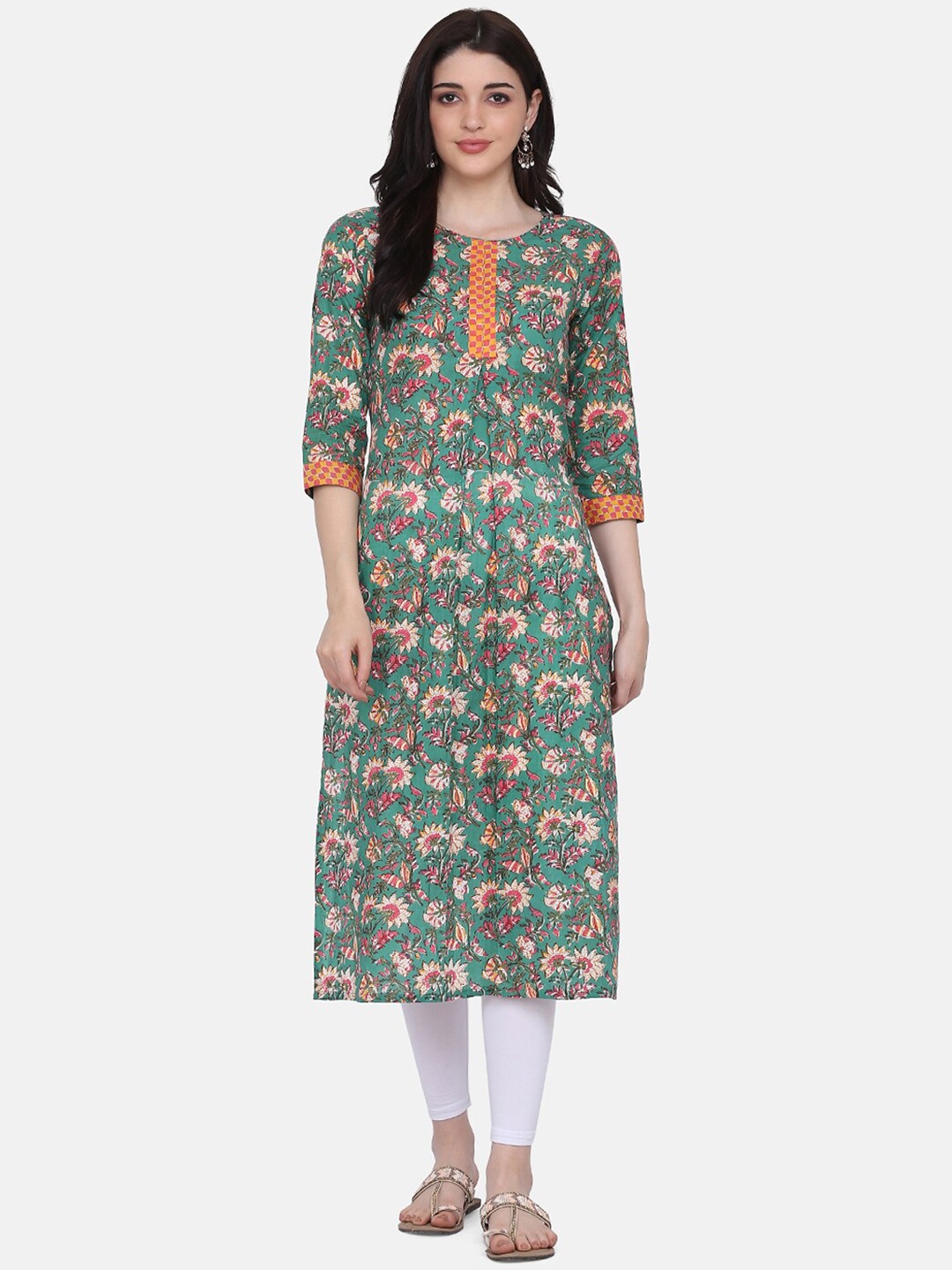 

KALINI Floral Printed Cotton Straight Kurta, Green