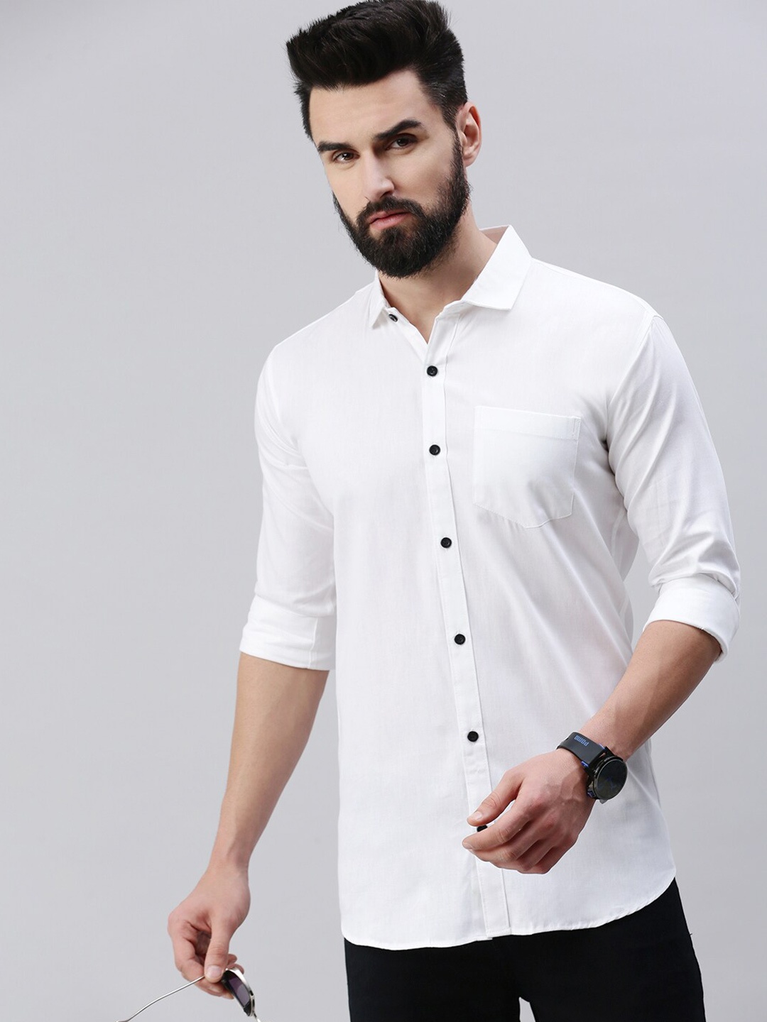 

GESPO Spread Collar Cotton Casual Shirt, White