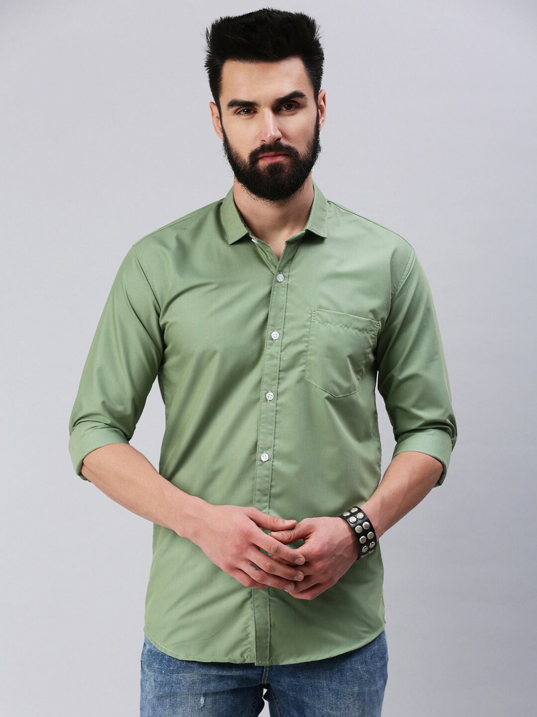 

GESPO Spread Collar Cotton Casual Shirt, Olive