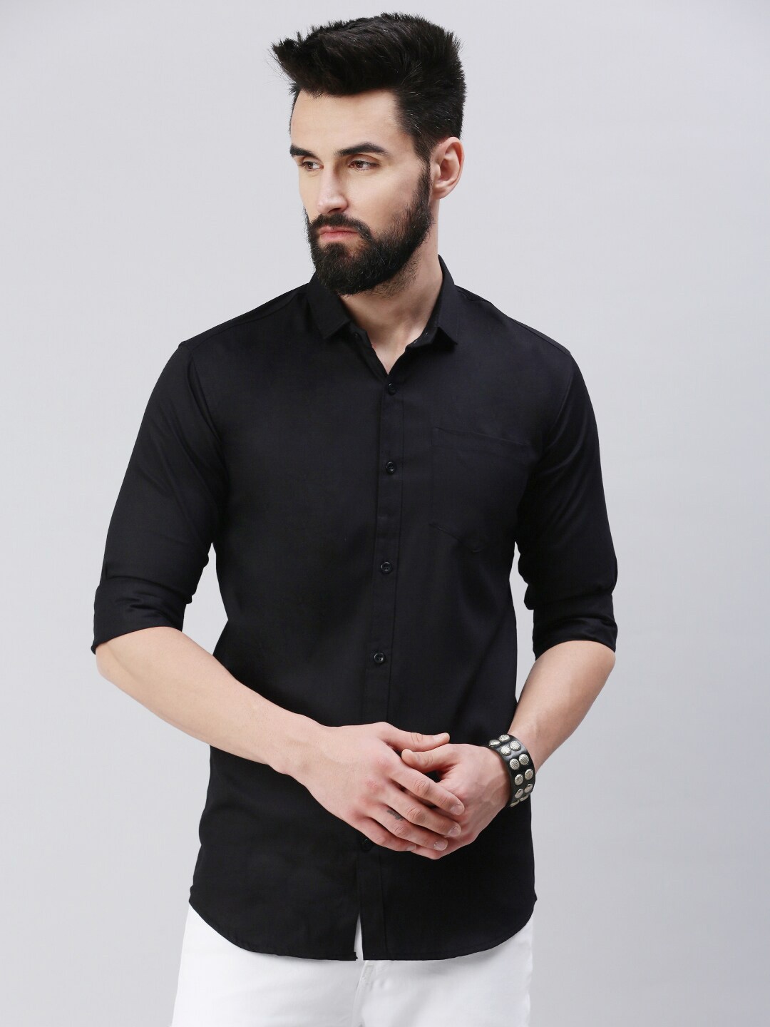 

GESPO Spread Collar Cotton Casual Shirt, Black