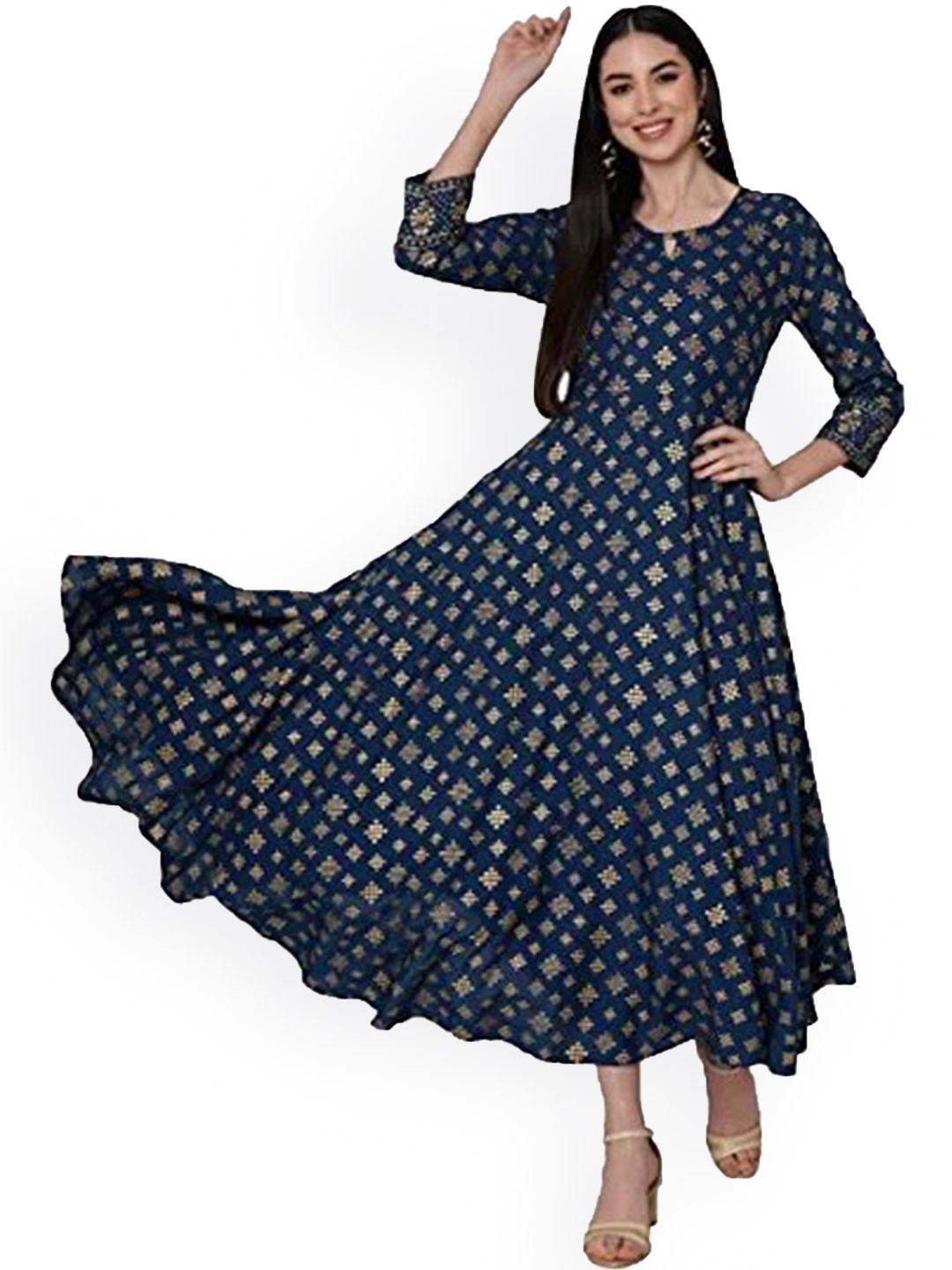 

KALINI Ethnic Motifs Printed Keyhole Neck Anarkali Kurta, Blue