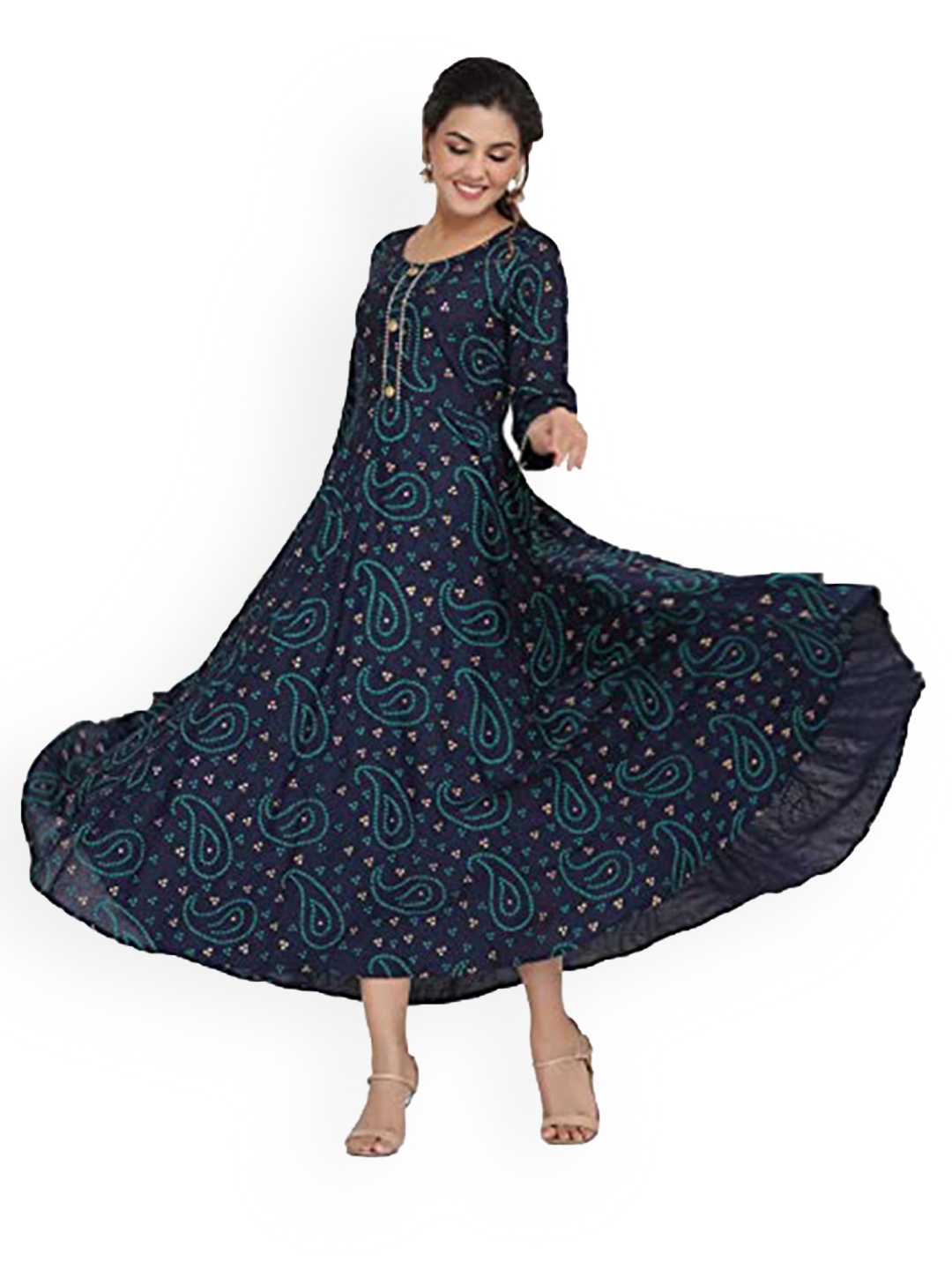 

KALINI Ethnic Motifs Printed Gotta Patti A-Line Ethnic Dress, Navy blue