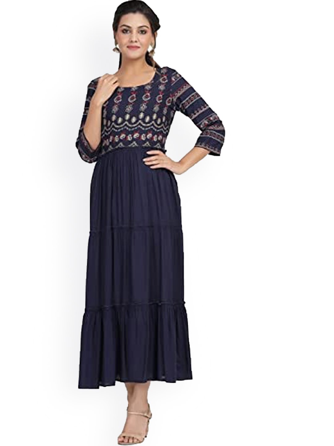 

KALINI Floral Printed Tiered Maxi Ethnic Dress, Navy blue